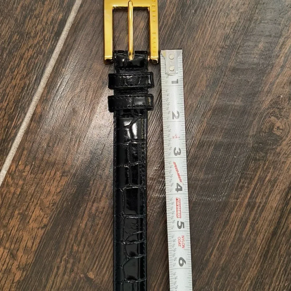 ⸻  🖤 Perry Ellis Black Italian Croco Belt – Size M 🐊 Gold Buckle Elegance
